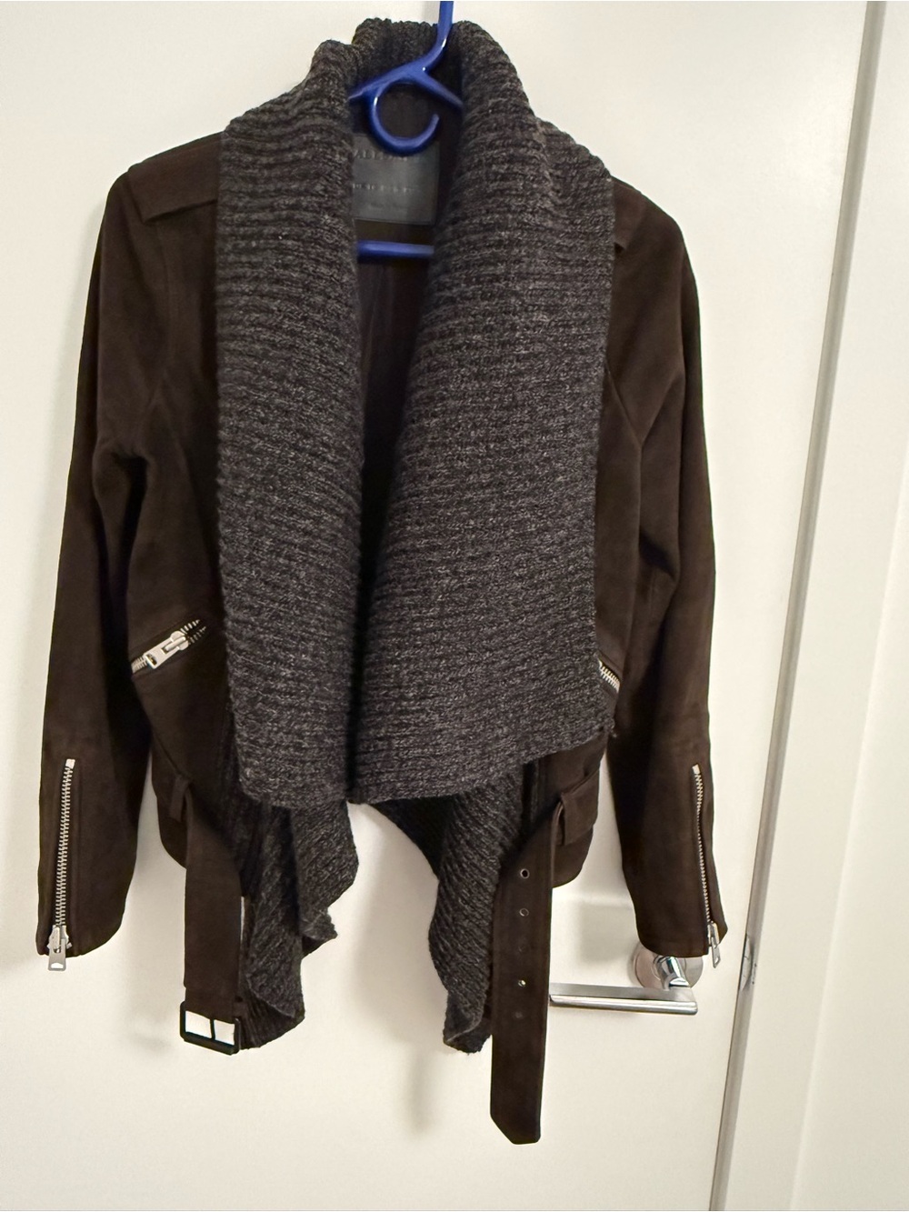 AllSaints Goat Suede Wrap Biker Jacket with Charcoal Knit Shawl Collar